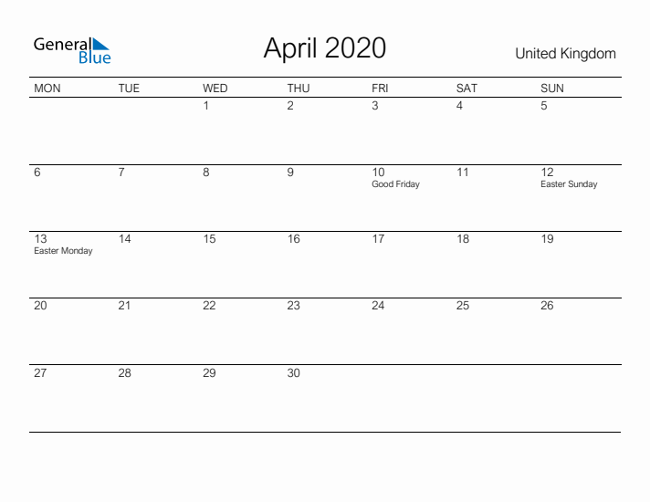 Printable April 2020 Calendar for United Kingdom