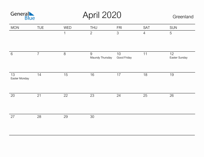 Printable April 2020 Calendar for Greenland