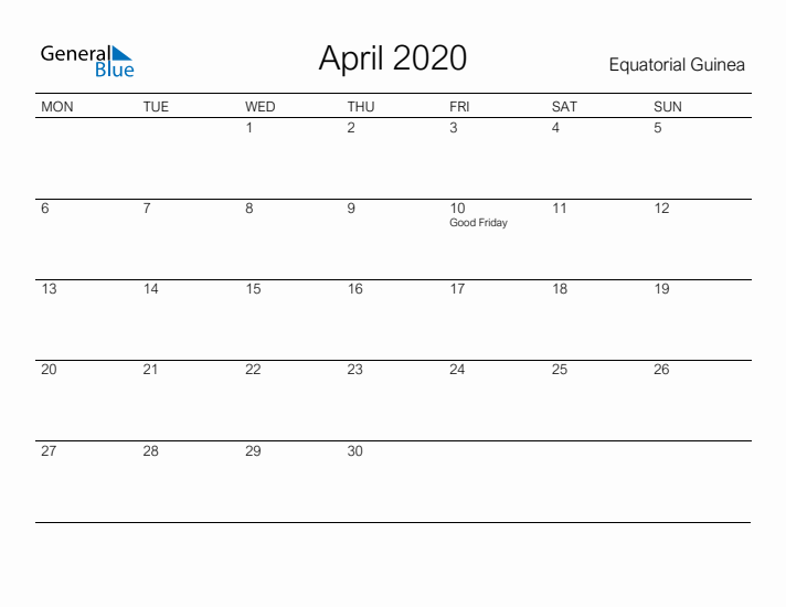 Printable April 2020 Calendar for Equatorial Guinea