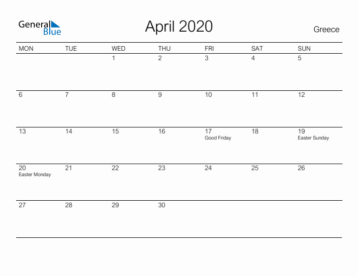 Printable April 2020 Calendar for Greece