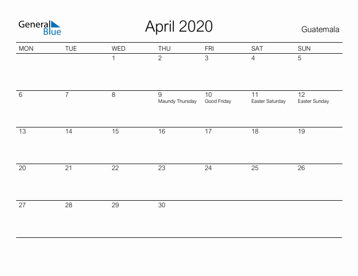 Printable April 2020 Calendar for Guatemala