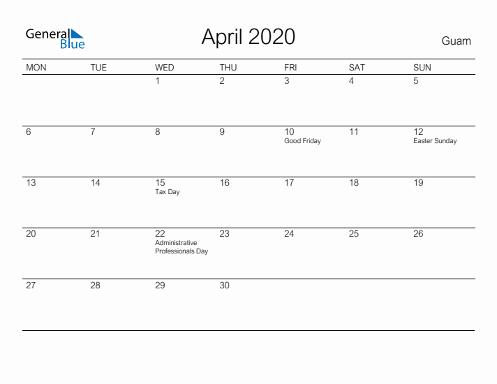 Printable April 2020 Calendar for Guam