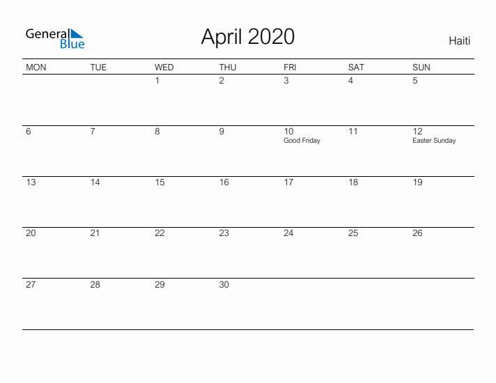 Printable April 2020 Calendar for Haiti