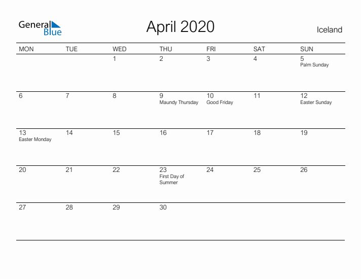 Printable April 2020 Calendar for Iceland