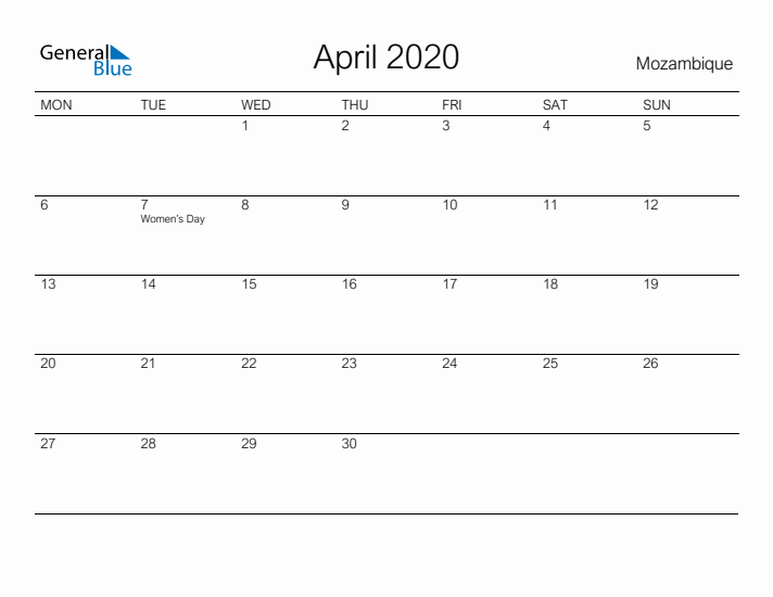 Printable April 2020 Calendar for Mozambique