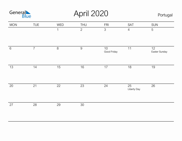 Printable April 2020 Calendar for Portugal