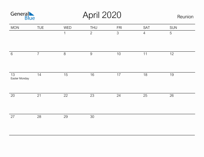 Printable April 2020 Calendar for Reunion