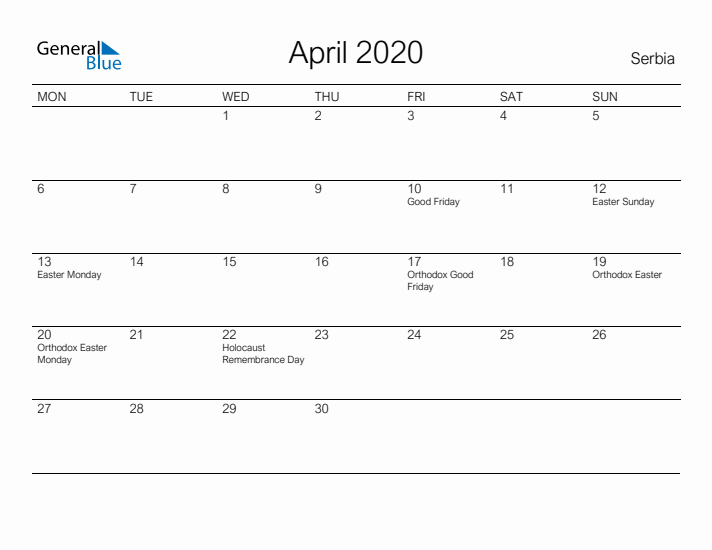 Printable April 2020 Calendar for Serbia