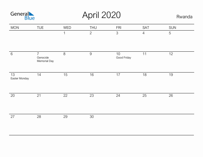 Printable April 2020 Calendar for Rwanda