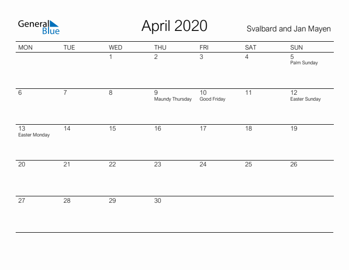 Printable April 2020 Calendar for Svalbard and Jan Mayen