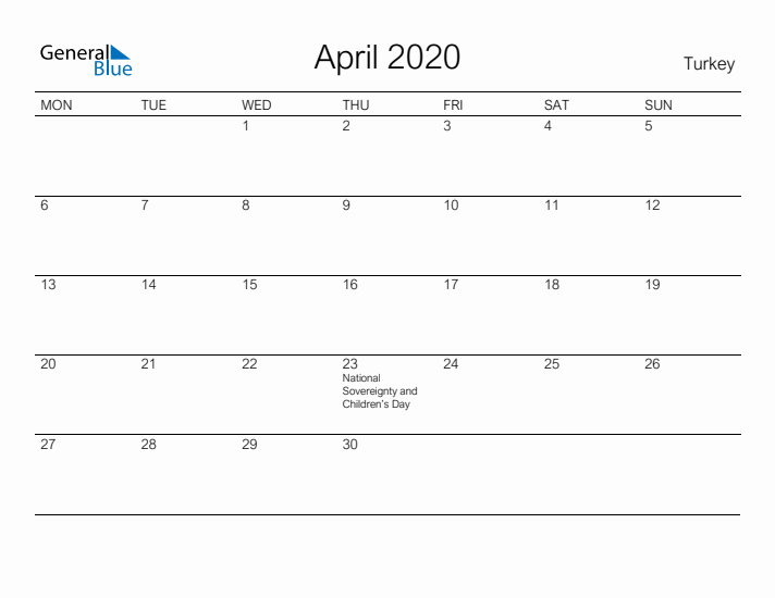 Printable April 2020 Calendar for Turkey