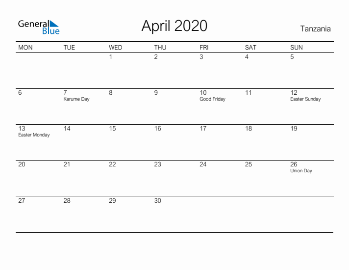 Printable April 2020 Calendar for Tanzania