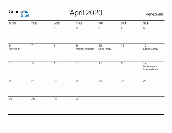 Printable April 2020 Calendar for Venezuela