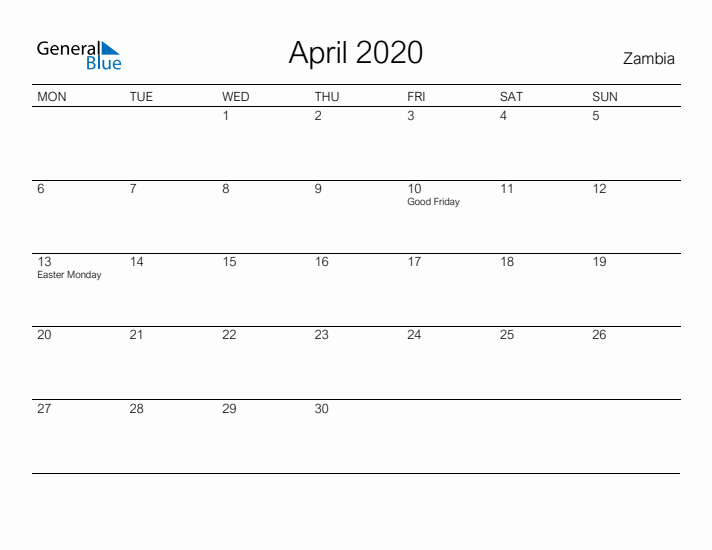 Printable April 2020 Calendar for Zambia