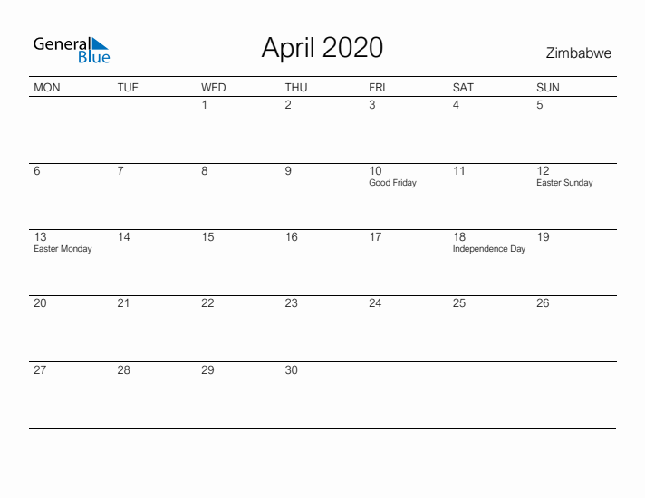 Printable April 2020 Calendar for Zimbabwe