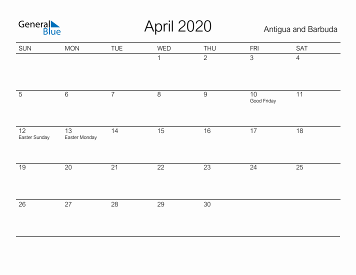 Printable April 2020 Calendar for Antigua and Barbuda