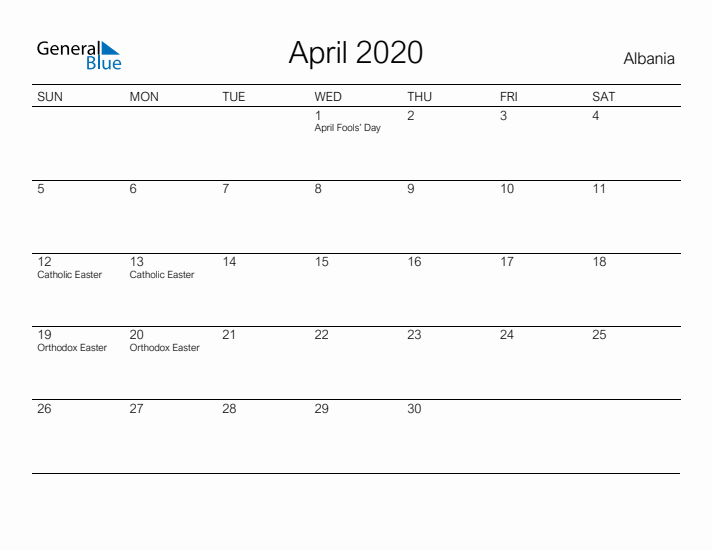 Printable April 2020 Calendar for Albania