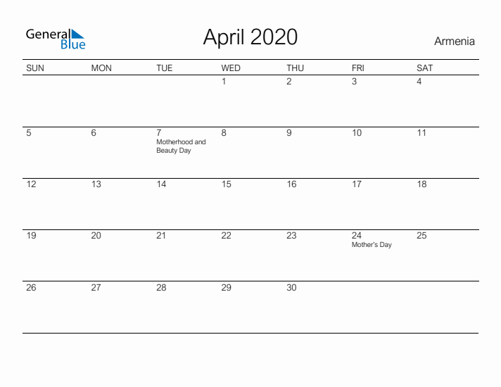 Printable April 2020 Calendar for Armenia