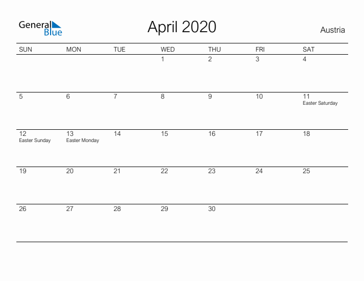 Printable April 2020 Calendar for Austria