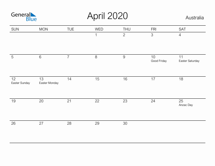 Printable April 2020 Calendar for Australia