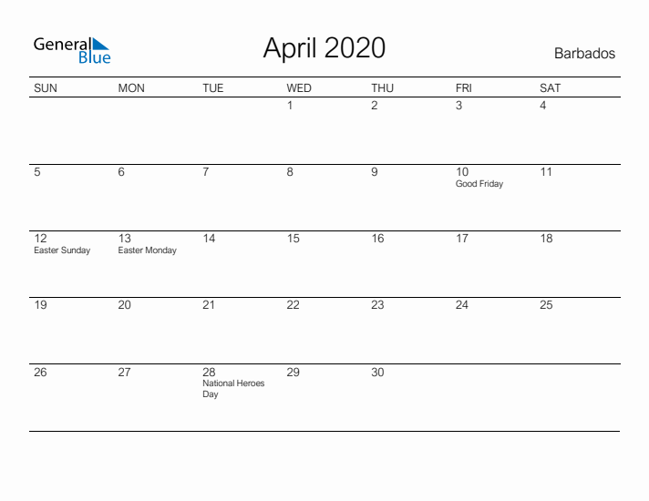 Printable April 2020 Calendar for Barbados