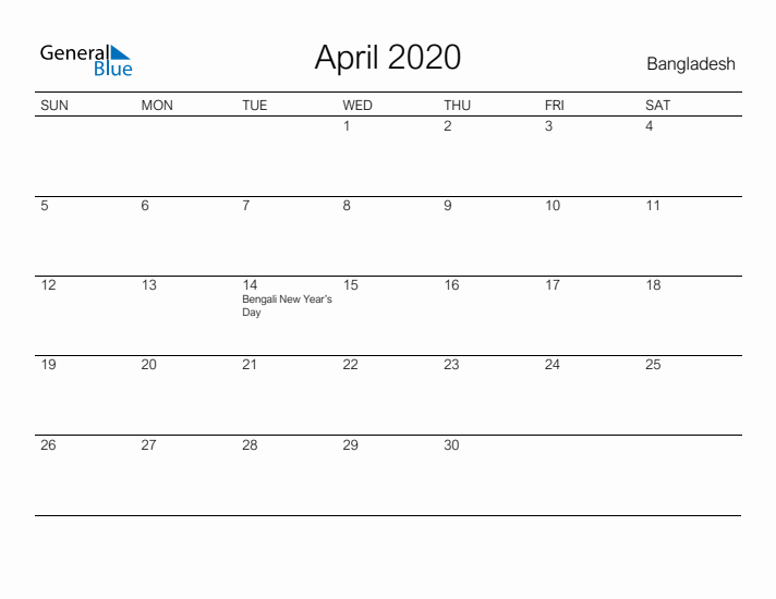 Printable April 2020 Calendar for Bangladesh