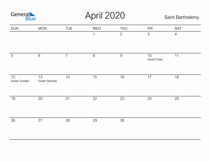 Printable April 2020 Calendar for Saint Barthelemy