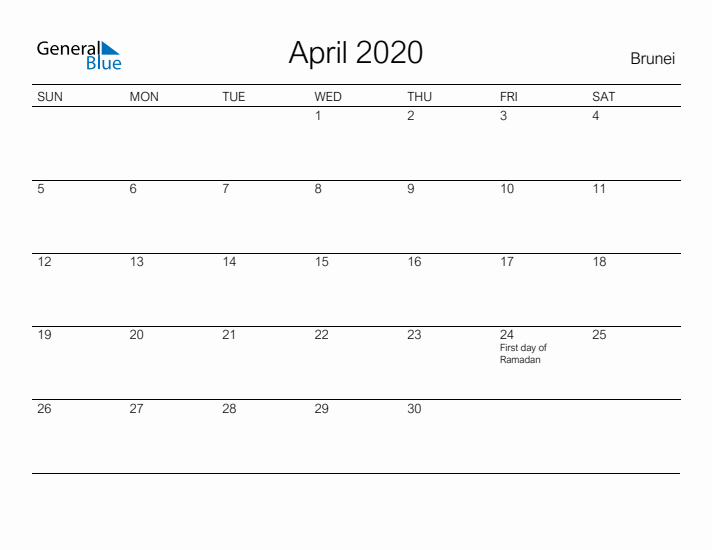 Printable April 2020 Calendar for Brunei