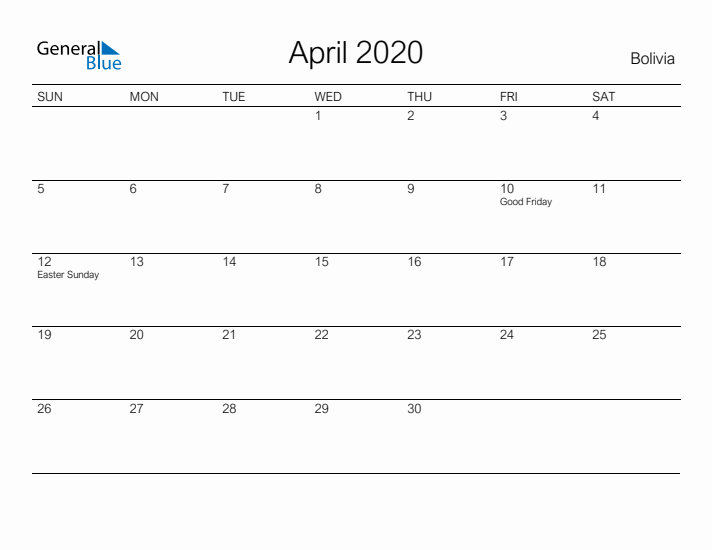 Printable April 2020 Calendar for Bolivia