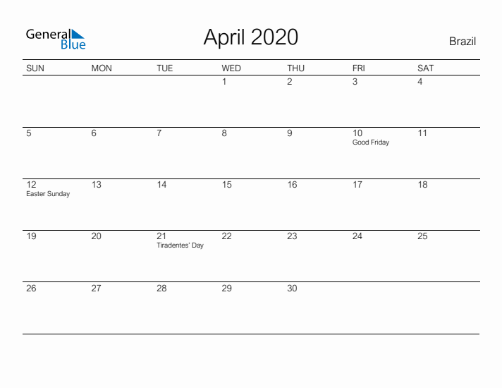 Printable April 2020 Calendar for Brazil