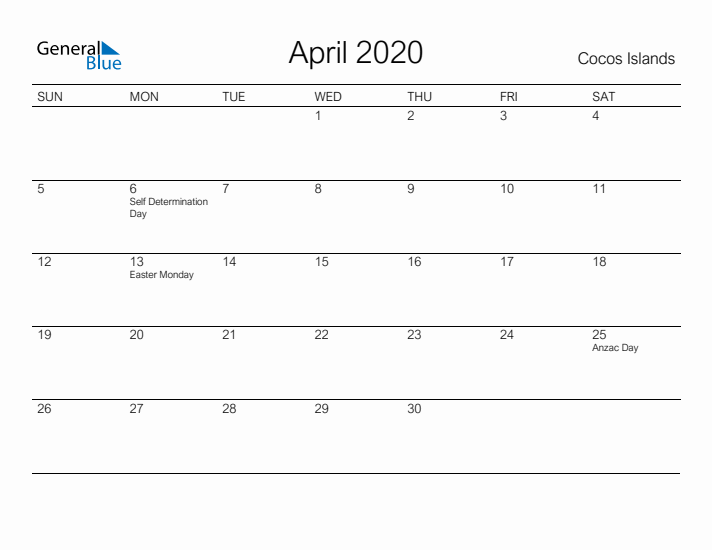 Printable April 2020 Calendar for Cocos Islands