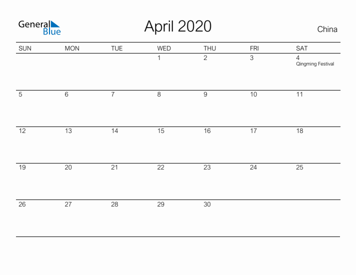 Printable April 2020 Calendar for China