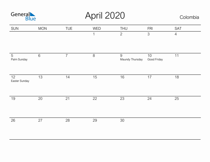 Printable April 2020 Calendar for Colombia