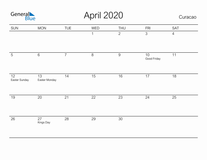 Printable April 2020 Calendar for Curacao