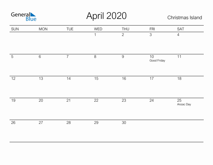 Printable April 2020 Calendar for Christmas Island