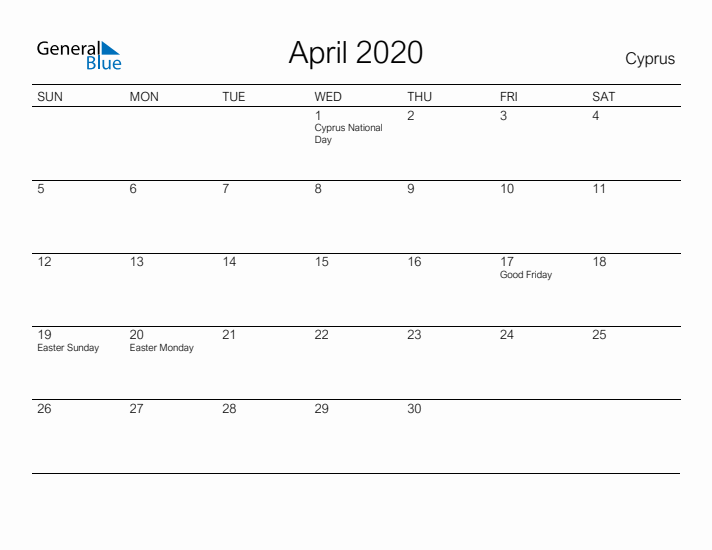 Printable April 2020 Calendar for Cyprus