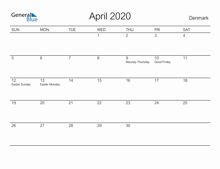 Printable April 2020 Calendar for Denmark