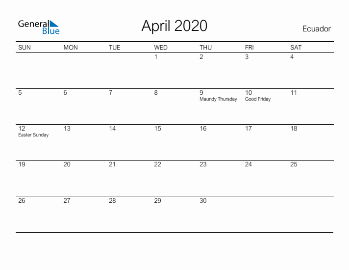 Printable April 2020 Calendar for Ecuador