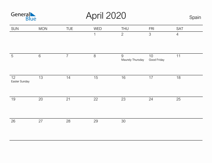 Printable April 2020 Calendar for Spain