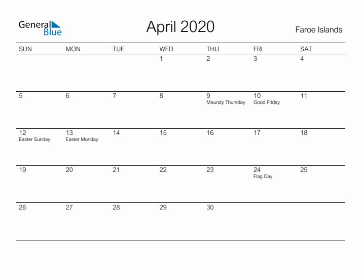 Printable April 2020 Calendar for Faroe Islands