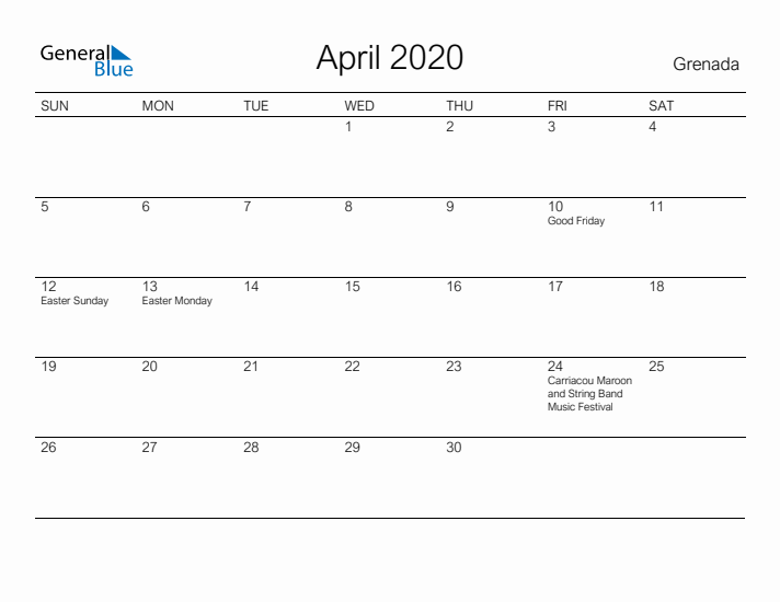 Printable April 2020 Calendar for Grenada