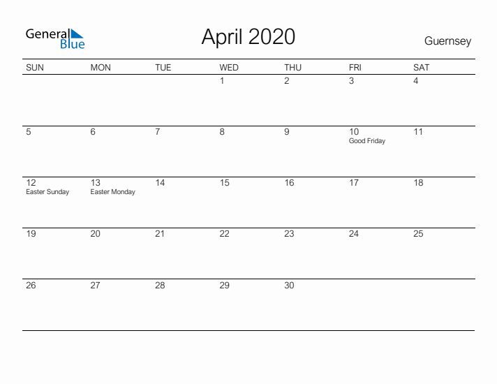 Printable April 2020 Calendar for Guernsey