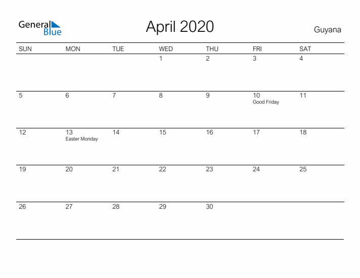 Printable April 2020 Calendar for Guyana