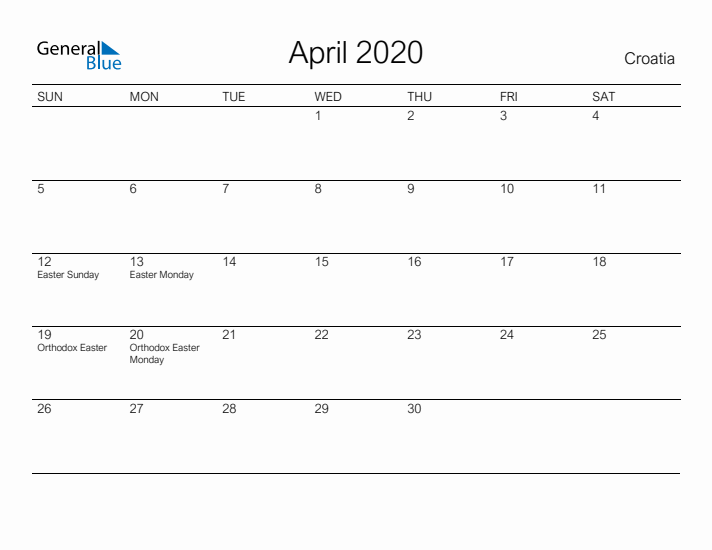 Printable April 2020 Calendar for Croatia