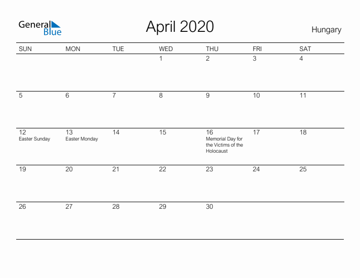 Printable April 2020 Calendar for Hungary