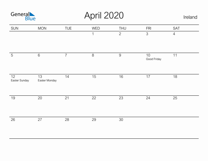 Printable April 2020 Calendar for Ireland