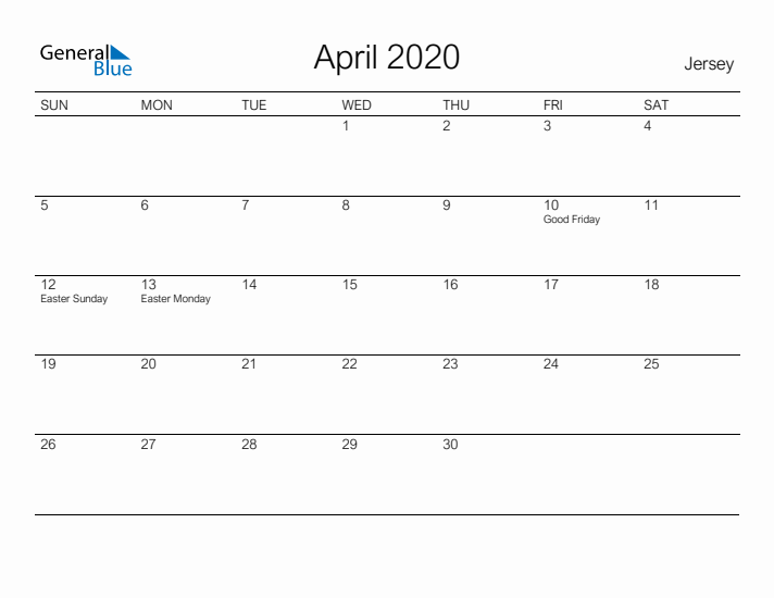 Printable April 2020 Calendar for Jersey