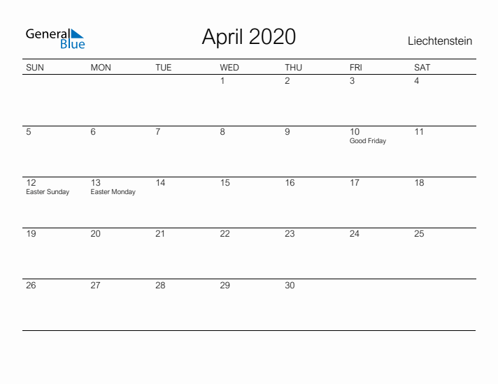 Printable April 2020 Calendar for Liechtenstein