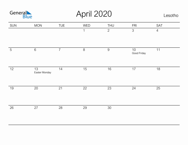 Printable April 2020 Calendar for Lesotho