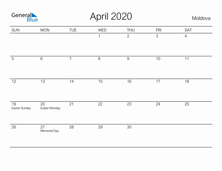 Printable April 2020 Calendar for Moldova